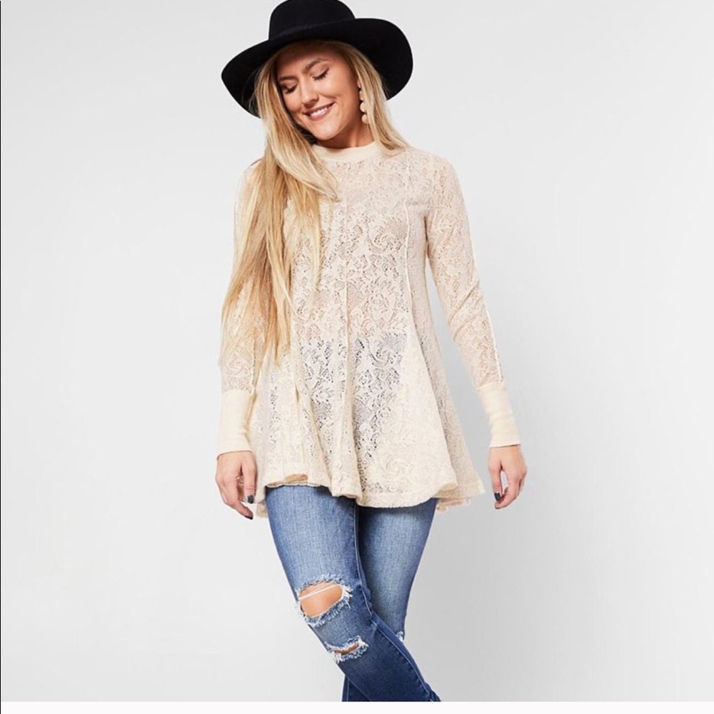 Free People Morning Lace Ribbed Trim Tunic Sweater